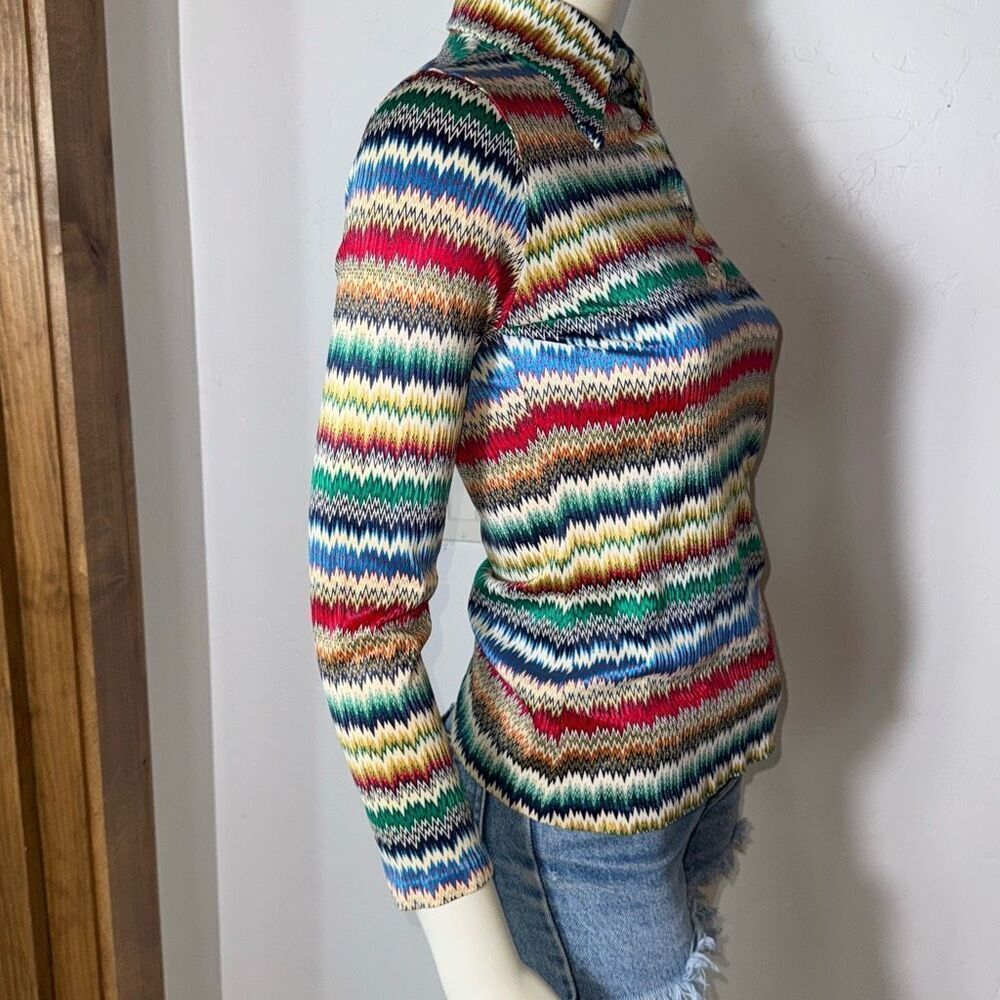 Vintage 60s Women's ZigZag Print Pointed Collar Multicolor Rainbow Stripe Size S - Picture 5 of 13